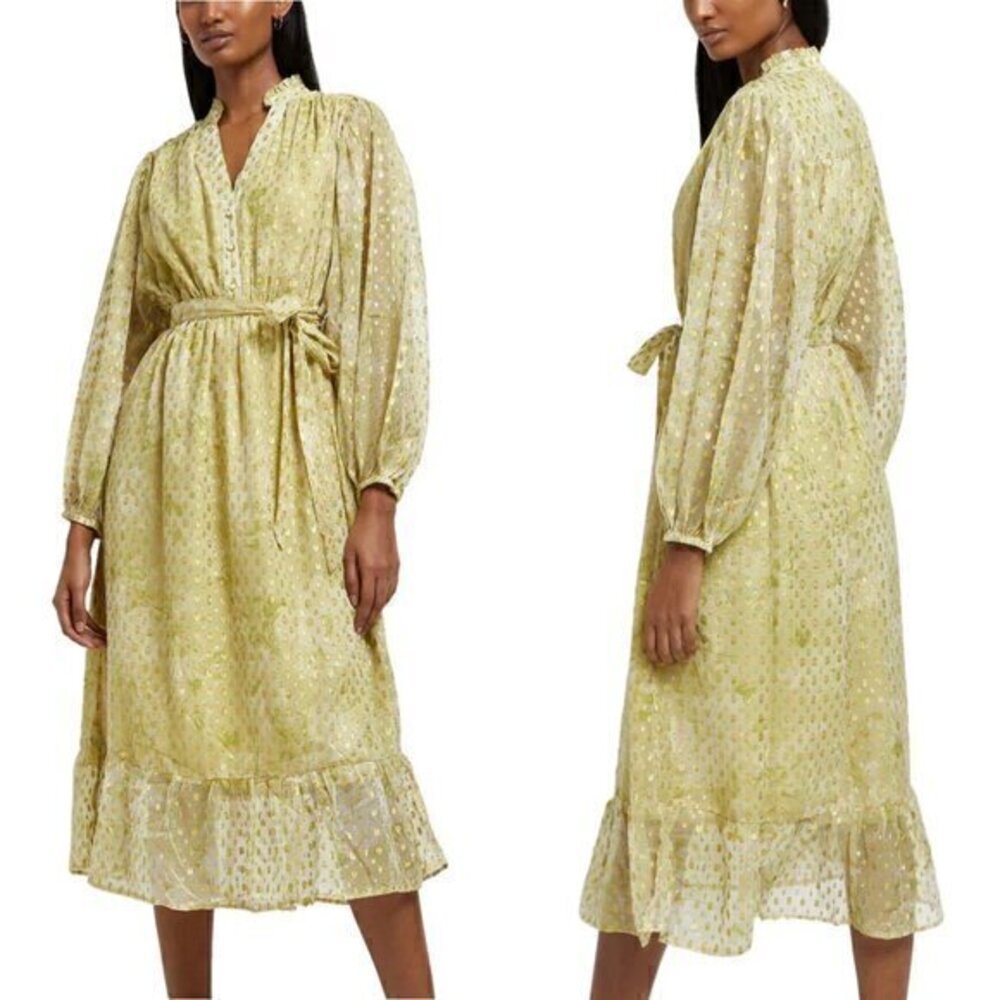 River Island Metallic Clip Dot Long Sleeve Midi Dress Size 14 NWT